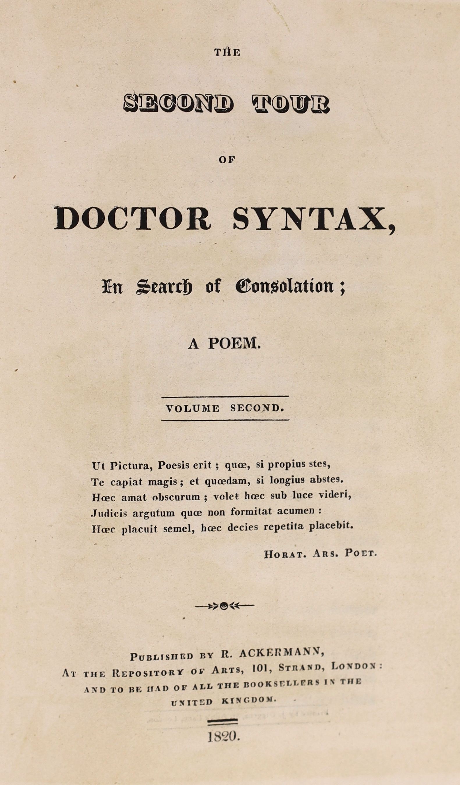 Coombe, William - The Second Tour of Doctor Syntax, 1st edition, with 20 hand-coloured aquatint plates by Thomas Rowlandson, 8vo, half calf rebacked, London, 1820